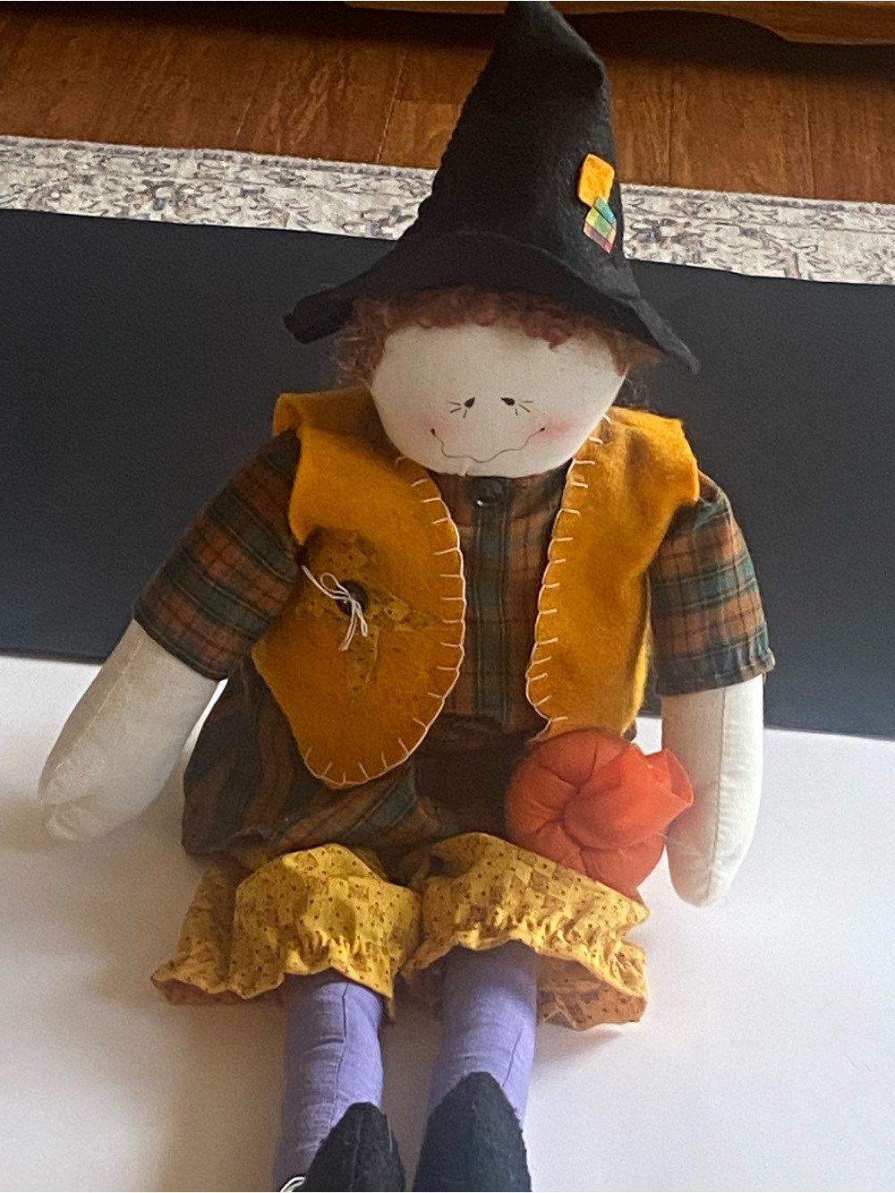 Halloween Patchwork Rag Doll Plush with Yellow Vest and Black Hat